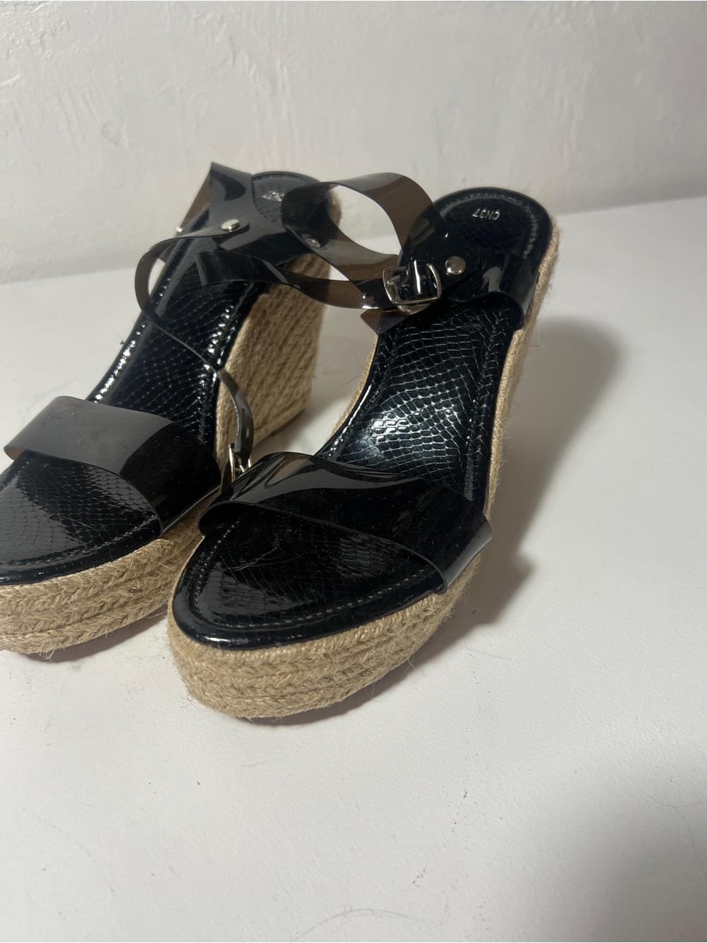 Black Espadrille Wedge Sandals with Jelly Ankle Strap